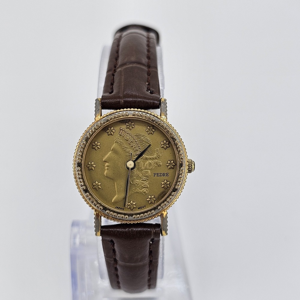 VTG Pedre‎ Coin Dial Women's Watch 24MM NEW Bronze Leather Bands New Battery